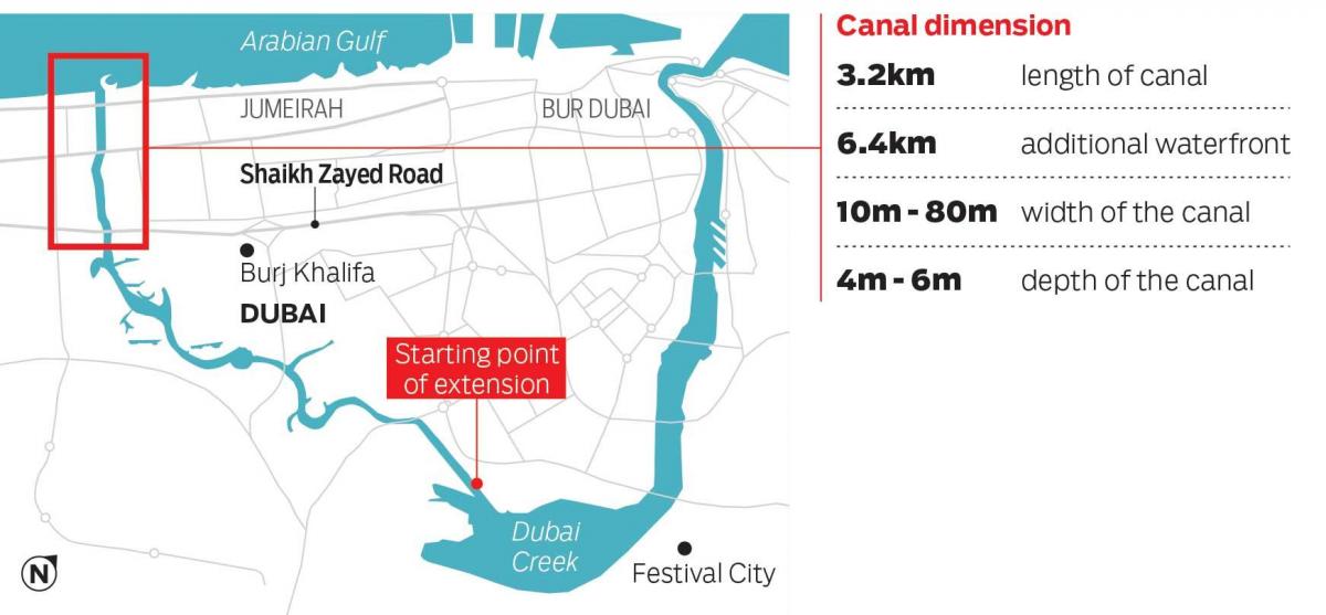 map of Dubai canal
